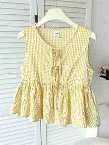 SHEIN 少女休闲日常度假格子花卉图案前蝴蝶结无袖上衣 - 黃色 - 查看 4