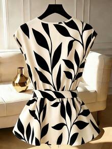 SHEIN Ladiora Sleeveless V-Neck Criss-Cross Cinched Waist Bow Ruffle Hem Fashionable Versatile Women Blouse Eleganza Office - Multicolor - View 2