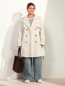 Momelise Plus Size Women's Elegant White Casual Trench Coat,Autumn Office Solid Color Long Sleeve Lapel Double-Breasted Windbreaker,Commuting Coat Fall - Apricot - View 5