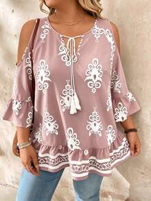 SHEIN LUNE Áo kiểu dáng rộng rãi, thoải mái, in họa tiết toàn thân, trễ vai, thắt nơ, tua rua, viền bèo nhún, thích hợp cho kỳ nghỉ. - Bụi hồng - Xem 5