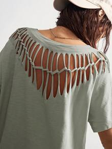 Bohemela Casual Solid Color Knit Round Neck Short Sleeve Distressed Loose Women T-Shirt,Summer Top - Mint Green - View 6
