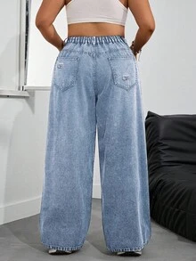 SHEIN Tall CURVE 大码女式宽松口袋阔腿休闲牛仔裤 - 藍色 - 查看 2