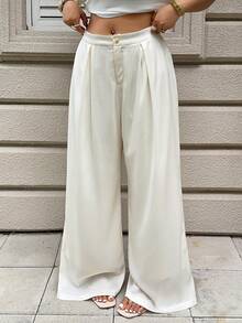 Dazy Plus Loose Fit Wide Leg Pants, Elegant Resort Wear, Apricot Color Versatile Plus Size Women Trousers, Spring/Summer - Apricot - View 6
