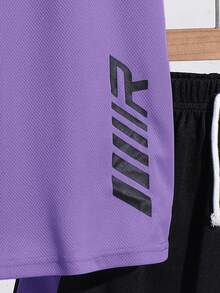 SHEIN 2pcs Tween Boy Splice Sports Textured Vertical Stripe Pattern Short Sleeve T-Shirt And Shorts Set - Purple - View 6