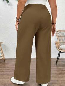 Plussiva Celana Panjang Kasual Lurus Warna Polos untuk Wanita Hamil Ukuran Besar dengan Kantong Miring - Unta - View 2