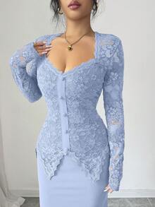 Modelyn Lace Patchwork Collared Button Waist Fitted Midi Dress For Women - Blue - View 7