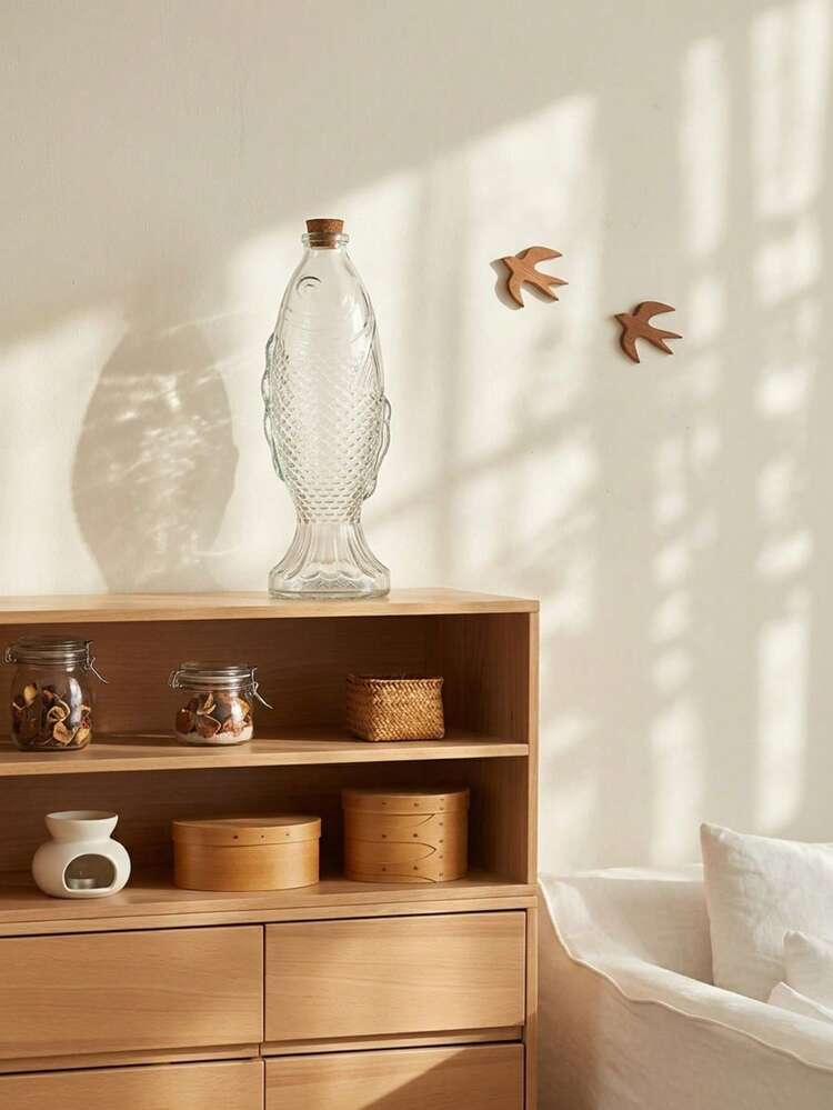 Cirelle Fish-Shaped Clear Glass Bottle - Creative Animal Design Bud Vase, Textured Glass Bottle Centerpiece For Living Room, Transparent Wishing Bottle With Cork Stopper - A - View 3