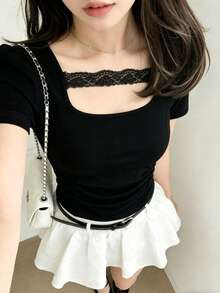 FRIFUL Women's Square Neck Lace Tie-Up Splice Fitted Solid Ribbed Short Sleeve T-Shirt - Black - View 3