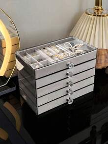 1 pieza Organizador de joyería de gran capacidad con forro de terciopelo y cajones, caja de exhibición apilable de acrílico con múltiples compartimentos para tocador y mesa de vestir - Multicolor - Ver 7