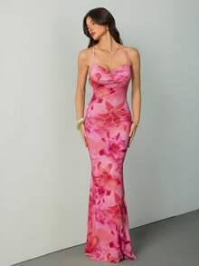 SHEIN Tall Đầm hoa in họa tiết, cổ khoét sâu, hở lưng, thích hợp cho kỳ nghỉ của nữ. - Nhiều màu - Xem 3