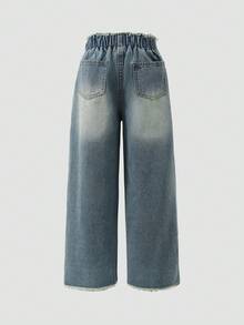 SHEIN 少女复古水洗蓝牛仔裤，休闲百搭，宽松版型，修身剪裁，毛边裤脚设计，适合日常穿着、外出、海滩、上学及其他场合。 - 中等水洗藍 - 查看 2