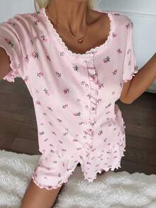 DAZY 2pcs Sweet Ditsy Floral Ruffle Trim Short Sleeve Shorts Pajama Set For Women, Summer - Baby Pink - View 3