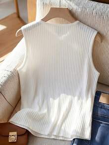 SHEIN Franclia Áo camisole không tay cổ tròn thanh lịch kiểu Pháp dành cho nữ cỡ lớn - trắng - Xem 2