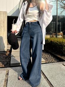 Dazy Tall 女士宽松阔腿牛仔裤，休闲街头风 - 深色水洗藍 - 查看 5