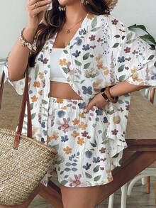 SHEIN VCAY Casual Minimalist Retro Leaf Pattern Loose Plus Size 2 Pieces Set, Suitable For Summer Brunch Outfits For Women 2 Piece Summer Clothes Tropical Vacation - Multicolor - View 4