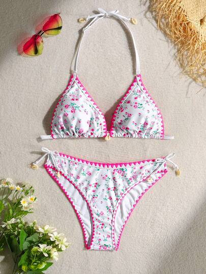 SHEIN Teen Girl Spring/Summer New European And American Sweet Floral Contrast Color Shell Crafted 2-Piece Swimwear Set, High-Waist Shorts, Pink Floral Contrast Trim Padded Push-Up Bikini Swimwear, Suitable For Beach, Pool, Birthday Party And Other Occasions. Floral Bikini, Vacation Bikini, Sunbathing Bikini, Floral Bikini.