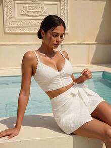 Swim Chiccia Women's White Summer Lace-Trimmed Embroidered Knot Beach Wrap Skort - White - View 4