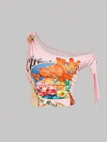 SHEIN MOD Plus Size Printed Metal Buckle Bowknot Shoulder Top - Pink - View 1