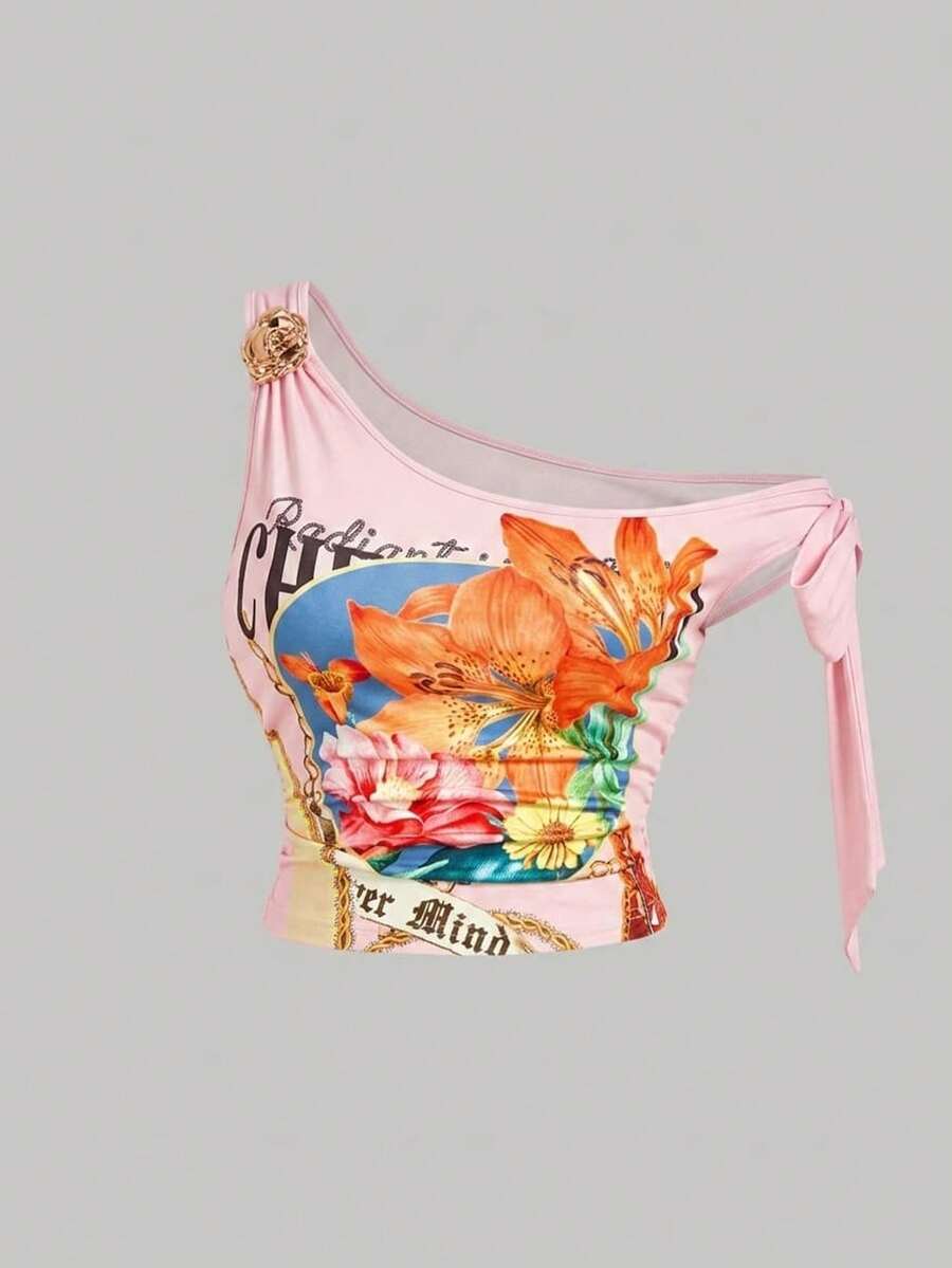 SHEIN MOD Plus Size Printed Metal Buckle Bowknot Shoulder Top - Pink - View 1