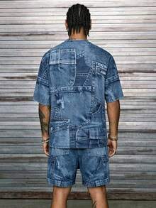 Manfinity Hypemode Bộ đồ thể thao và mặc nhà nam 2 món, hiệu ứng denim, có chữ, kiểu dáng thường ngày, thích hợp cho cả hoạt động thể thao và mặc nhà. - Màu xanh lam - Xem 3