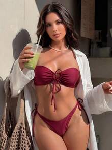 SHEIN Swim Solid Color Bikini Set, Vacation Beach For Summer - Burgundy - View 7