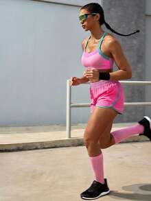 Powerista Women's Contrast Color Splice Halter Top And Shorts Sports Suit - Pink - View 3