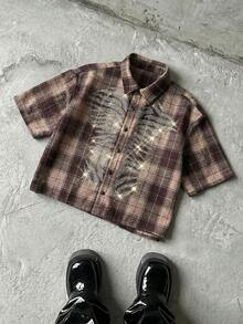 NEON BLANC Men's Plaid Short Sleeve Shirt With Rhinestone Decor - Black - View 1