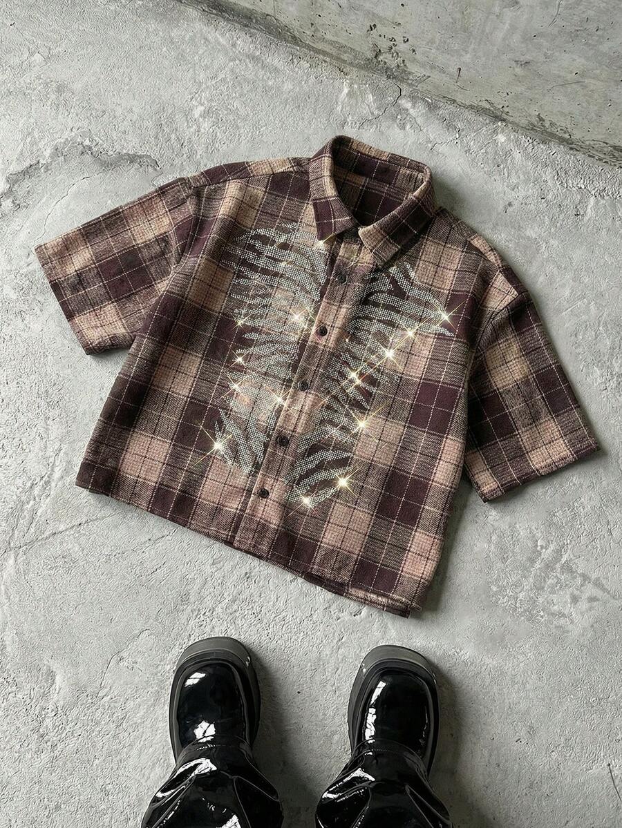 NEON BLANC Men's Plaid Short Sleeve Shirt With Rhinestone Decor - Black - View 1