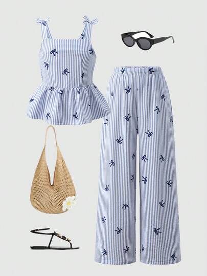 Tween Girl Striped Ruffle Collar Sleeveless Bow Print Summer Tank Top Set