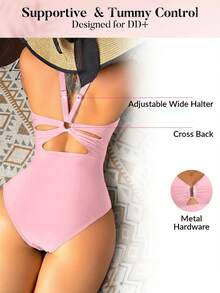 Voyashape Women's Fashion Resort Minimalist Metal Rhinestone Buckle One-Piece Swimsuit - Baby Pink - View 2