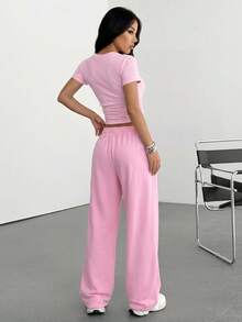 SHEIN EZwear 2 st/set rosa matchande loungekläder för kvinnor - Rosa - Visa 2