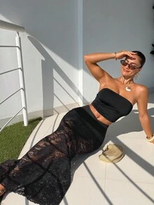 SHEIN SXY 女士蕾丝拼接休闲百搭约会之夜半身裙 - 黑色 - 查看 4