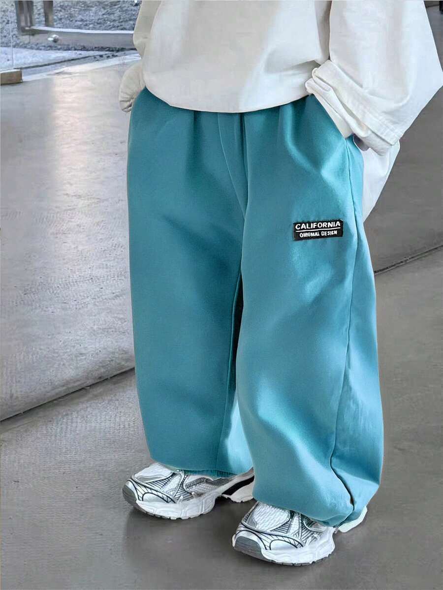 1件装男童休闲韩版口袋抽绳腰带柔软舒适百搭长裤，适合日常穿着、上学、外出、运动、春秋季节穿着。 - 藍色 - 查看 1