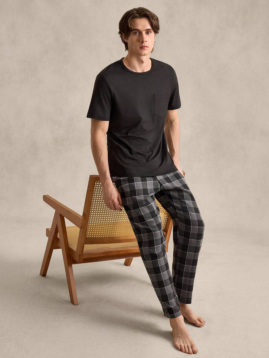 EverLounge Men Solid Tee & Gingham Print Pants PJ Set / Pajama Set - Multicolor - View 1