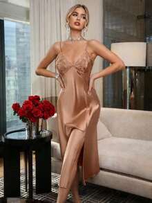 SilkySpell Embroidered Collar Decor Slit Hem Camisole Nightgown - Camel - View 4