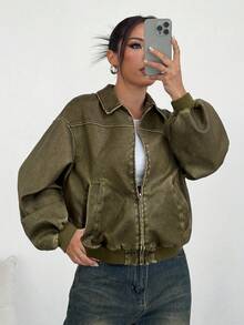 SHEIN EZwear Chaqueta de piel PU de estilo militar verde envejecida, nueva llegada para el otoño - Verde militar - Ver 3