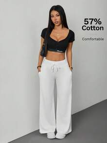 SHEIN PETITE Comfortable And Casual Plain Knit Low-Rise Wide-Leg Women Sweatpants - White - View 11