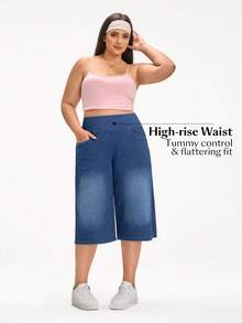 Flexra Quần jean denim dáng casual đường phố, cạp chun co giãn dành cho nữ cỡ lớn, mùa hè. - Rửa tối - Xem 6