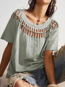 Bohemela Casual Solid Color Knit Round Neck Short Sleeve Distressed Loose Women T-Shirt,Summer Top - Mint Green - View 3