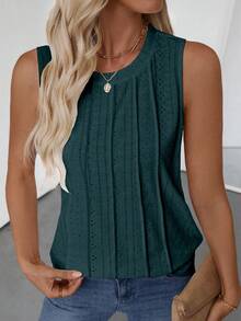 Women's Crew Neck Sleeveless Textured Casual Tank Top, Spring/Summer Fashion - Green - View 3