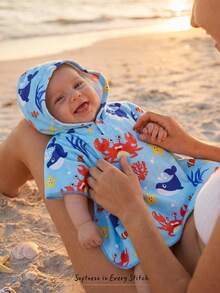 Cozy Pixies Traje de baño con capucha con estampado de criaturas marinas lindo para bebé recién nacido, estilo de playa/vacaciones - Azul - Ver 1