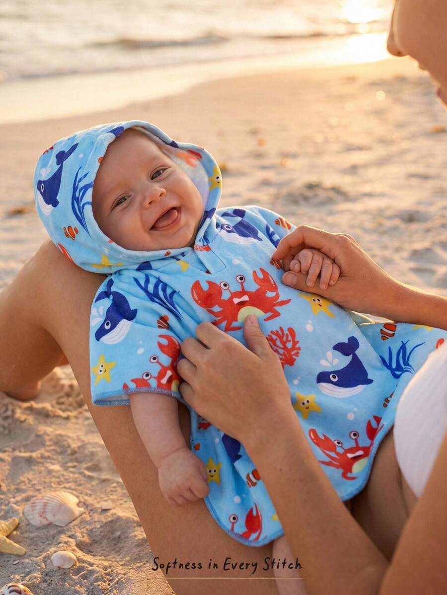 Cozy Pixies Traje de baño con capucha con estampado de criaturas marinas lindo para bebé recién nacido, estilo de playa/vacaciones - Azul - Ver 1