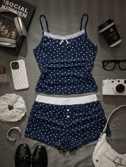 少女夏季休闲百搭家居服套装，甜美可爱少女BM风格蕾丝拼接波点印花吊带背心上衣和短裤紧身背心套装