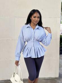 Alexandranx Women's Casual Striped Peplum Blouse With Bat Sleeves, Suitable For Work And Commute, Spring/Autumn Winter AllDayElegance Blue - Blue - View 3