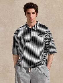 Courvante TOKUVE Herren Casual Poloshirt, Schwarz, Jung & Modisch mit Reißverschluss-Leiste, Minimalistisches gestreiftes Material, Inspiriert von Ins, Geschenk oder Freund - Schwarz - Übersicht 1