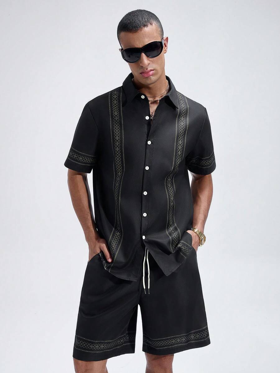 NobleFwd Graphic Print Short Sleeve Shirt And Drawstring Waist Shorts Set For Men - Multicolor - View 1