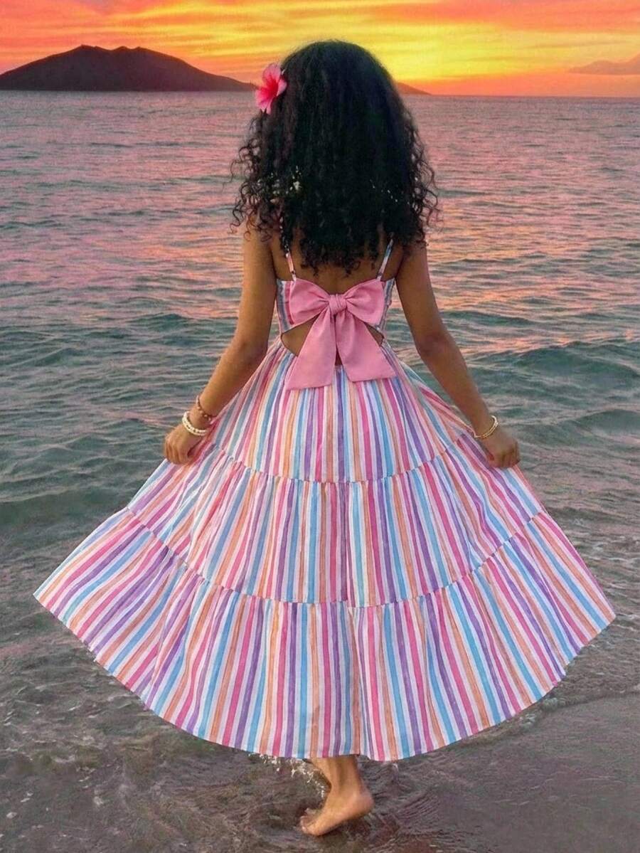 SHEIN Girls' Spring/Summer Fashion Bowknot Backless Splice Contrast Color Slip Dress, Suitable For Vacation, Party, Daily Wear, Wedding And Other Occasions - Multicolor - View 1