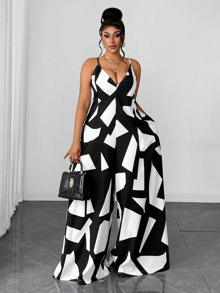 Maweii French Vacation Style Fashionable Printed Plunging Neck Jumpsuit, Waist Cinching Flared Leg Pants For Summer - Black and White - View 1