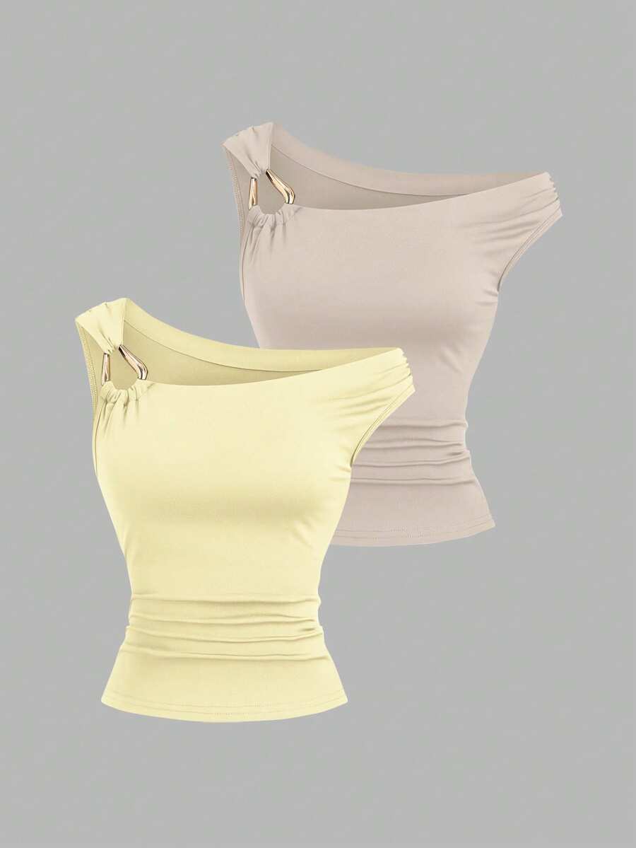 Sweetra 2pcs/Set Kaos Pas Badan dengan Kerah Asimetris, Atasan Kasual Serbaguna, Musim Semi/Panas - MultiWarna - View 1