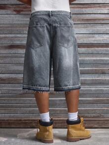 AXEPEAK Men's Washed Denim Shorts With Embroidered Design, Fashionable - Blue - View 3